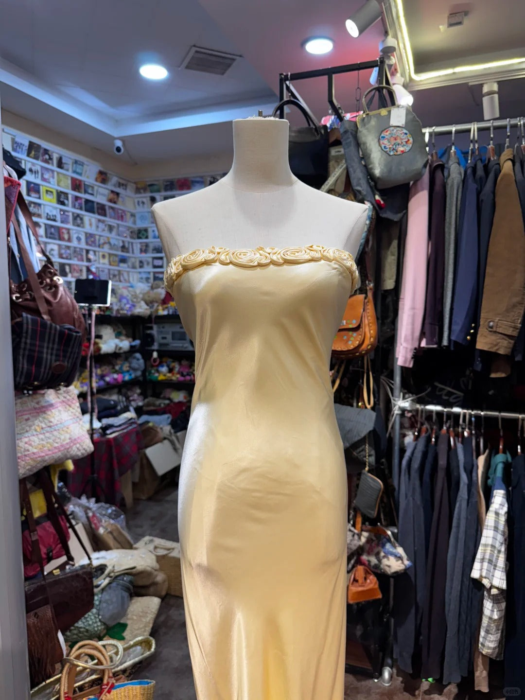 Elegant Yellow Mermaid Strapless Three-Dimensional Floral Satin Long Formal Prom Dress Bridesmaid Dress