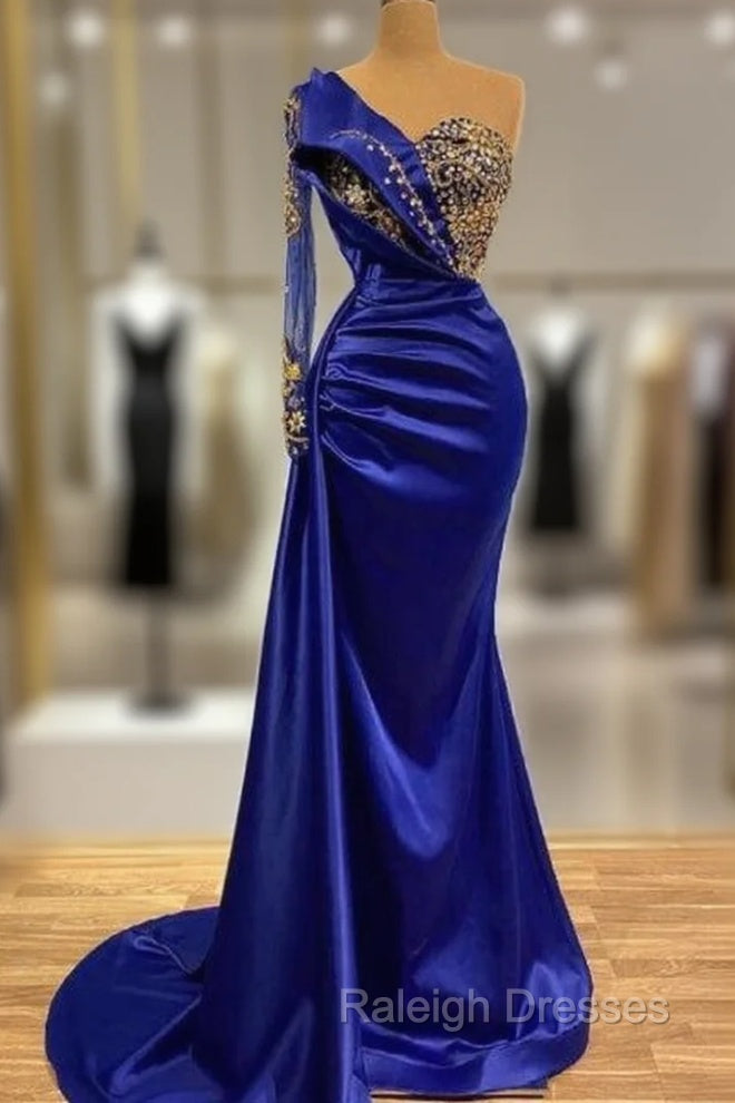 Elgeant Royal Blue One Shoulder Mermaid Prom Dresses with Sleeves Main image