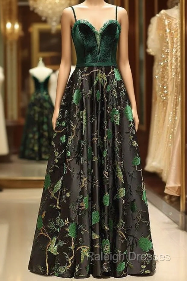 Embroidery Green Floral Long Prom Evening Dress
