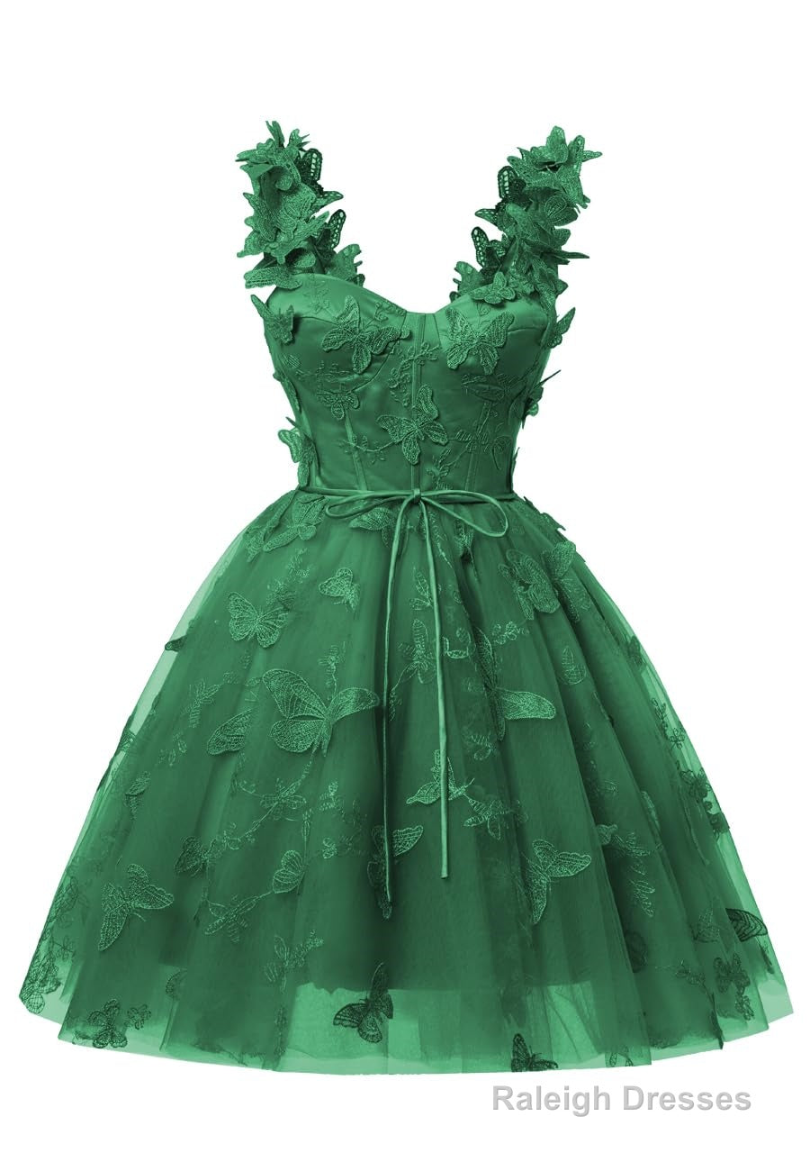 Emerald Green 3D Butterfly Lace Applique Tulle Homecoming Dress for Teens Sweetheart Mini Short Prom Dresses Main image