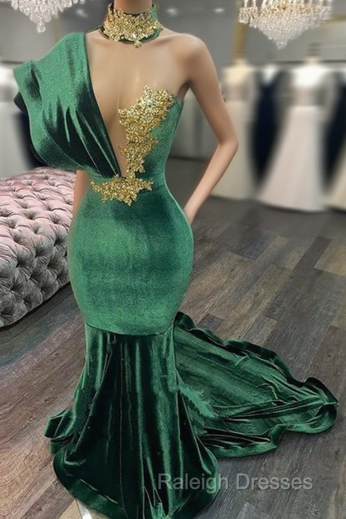 Emerald Green Evening Dresses High Neck Appliques Gold Lace Mermaid Prom Dresses Sexy Formal Velvet Party Gowns
