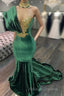 Emerald Green Prom Dress High Neck Appliques Gold Lace Mermaid Prom Dress Prom Velvet Prom Gowns