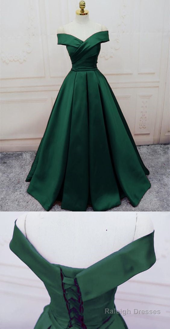 Emerald Green Long Satin Prom Dress V-Neck Off The Shoulder Prom Dress