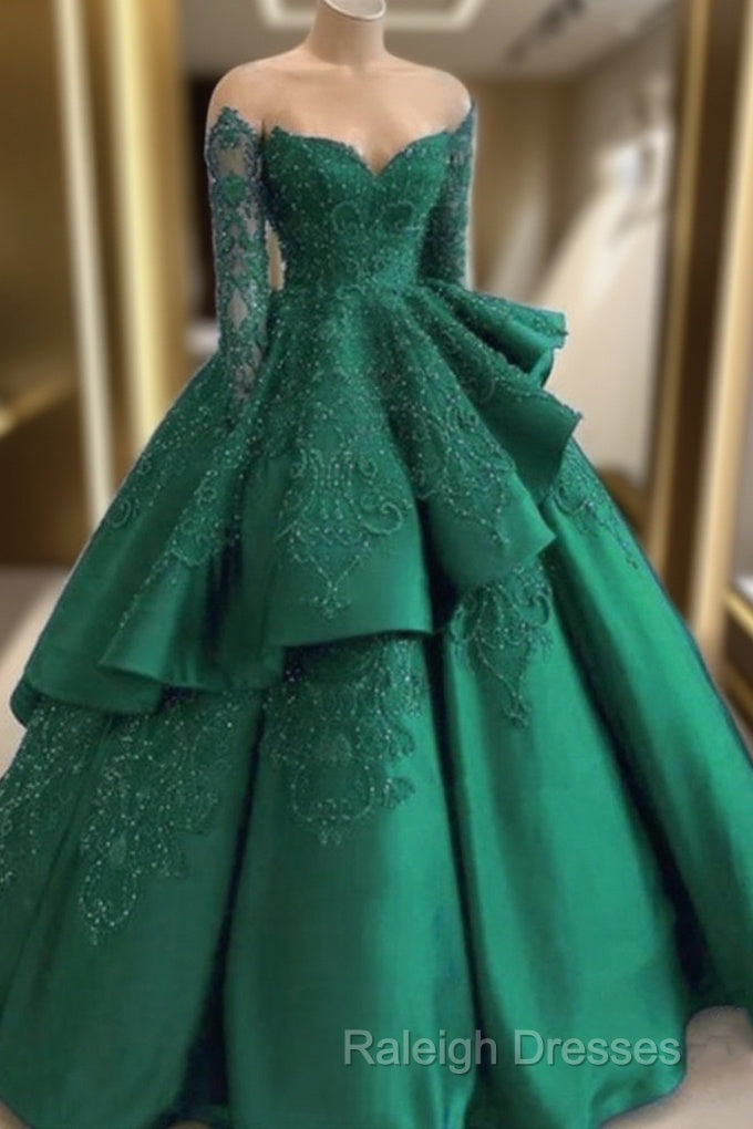 Emerald Green Prom Dresses Long Sleeves Green Ball Gown Prom Dress