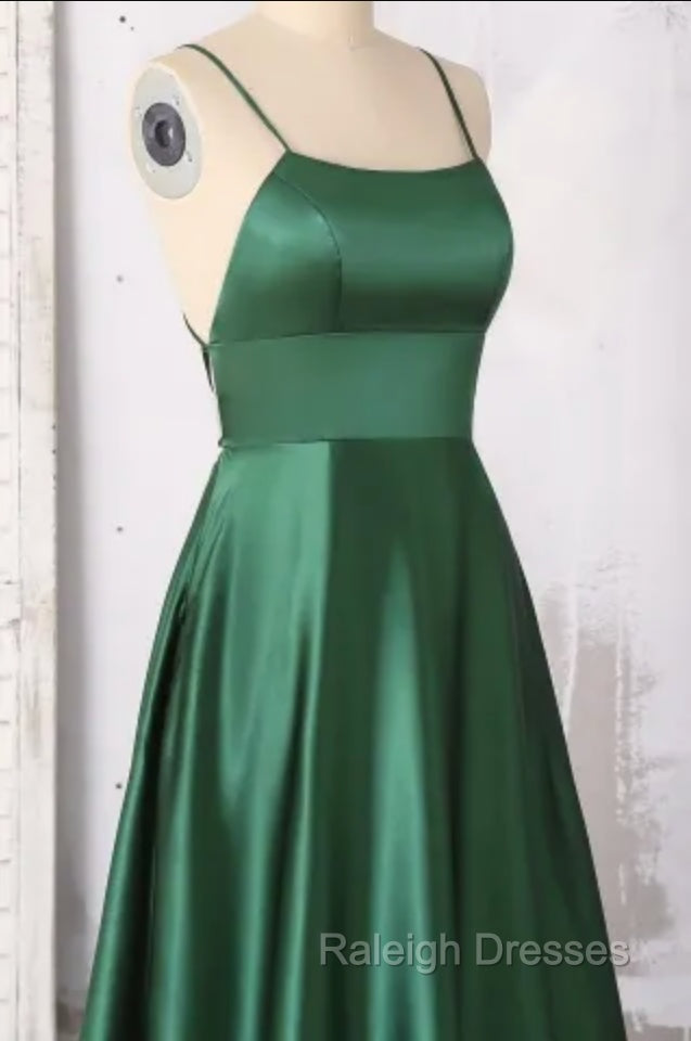 Emerald Green Prom Dresses, Strappy Back Slit Simple Satin Prom Dress Secondary image