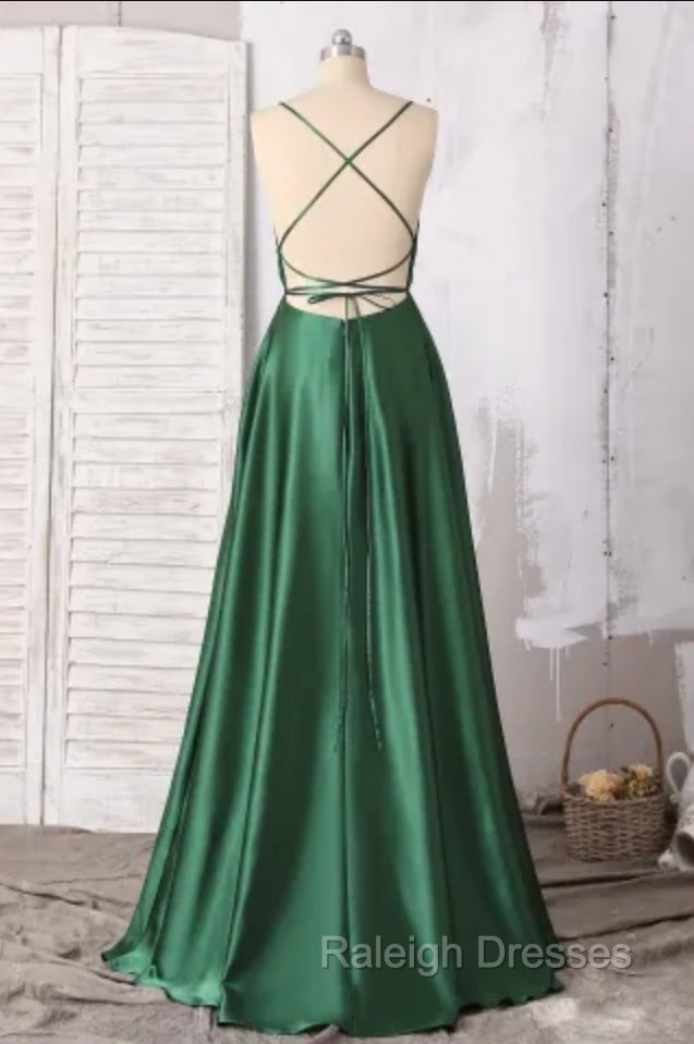 Emerald Green Prom Dresses, Strappy Back Slit Simple Satin Prom Dress