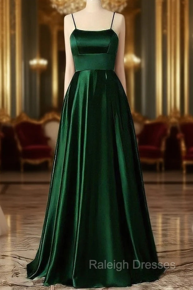 Emerald Green Prom Dresses, Strappy Back Slit Simple Satin Prom Dress Main image