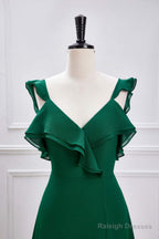 Emerald Green Ruffled Straps A-Line Bridesmaid Dresses With Slit
