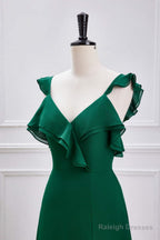 Emerald Green Ruffled Straps A-Line Bridesmaid Dresses With Slit