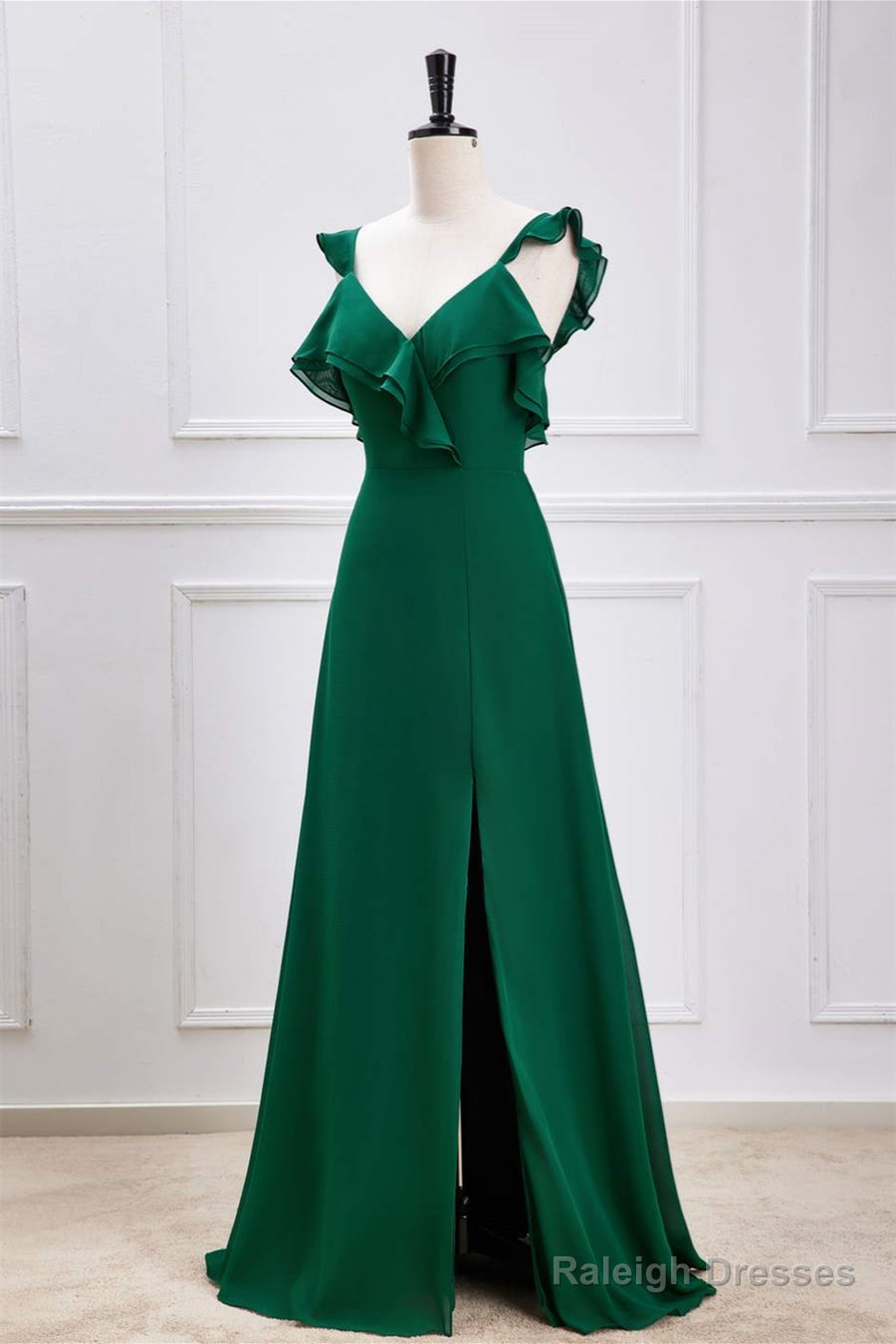 Emerald Green Ruffled Straps A-Line Bridesmaid Dresses With Slit