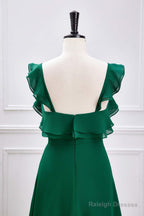 Emerald Green Ruffled Straps A-Line Bridesmaid Dress With Slit
