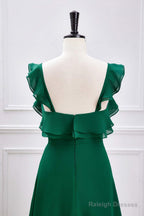 Emerald Green Ruffled Straps A-Line Bridesmaid Dresses With Slit