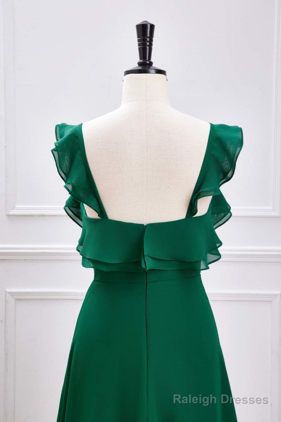 Emerald Green Ruffled Straps A-Line Bridesmaid Dresses With Slit