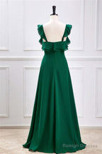 Emerald Green Ruffled Straps A-Line Bridesmaid Dress With Slit