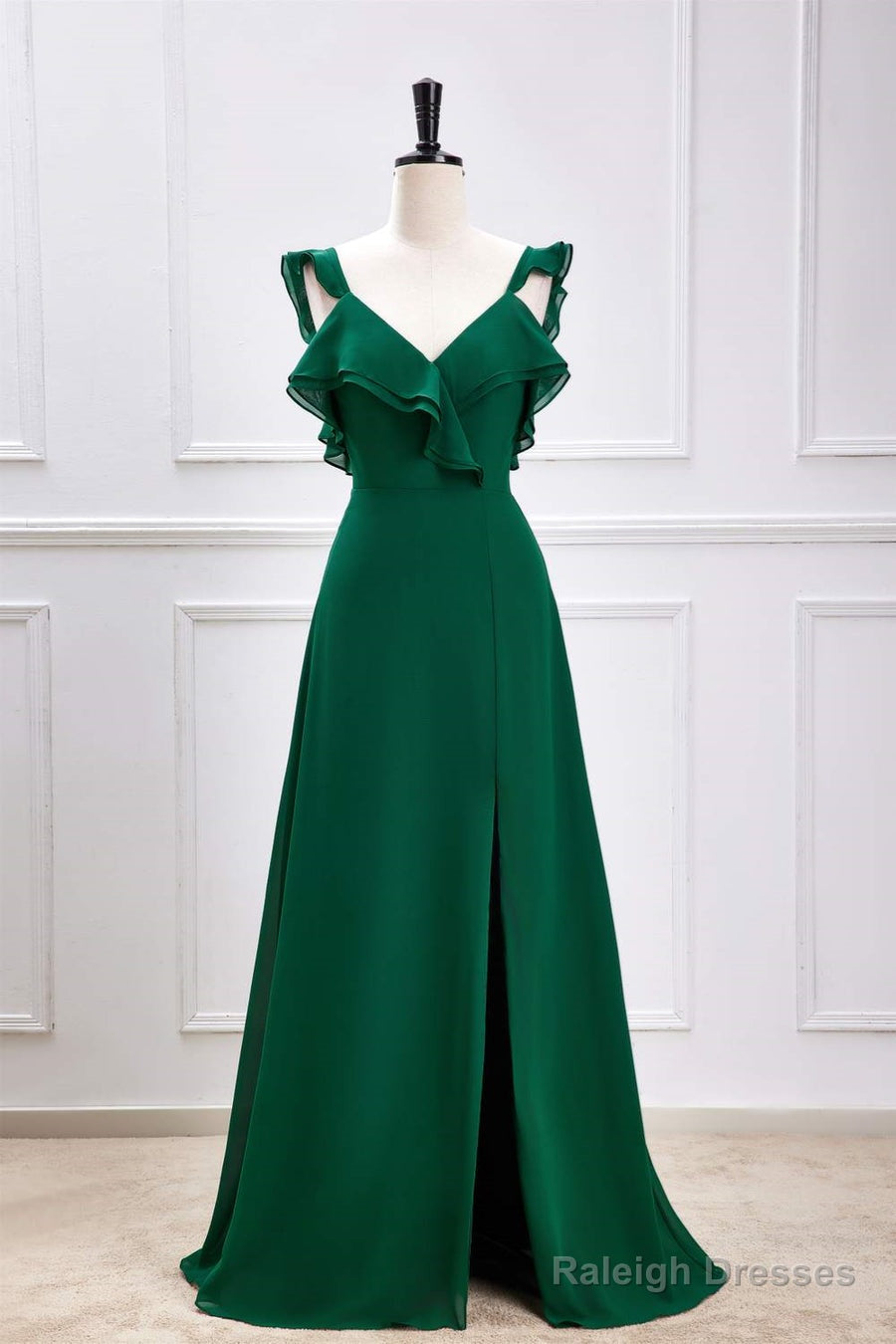 Emerald Green Ruffled Straps A-Line Bridesmaid Dress With Slit