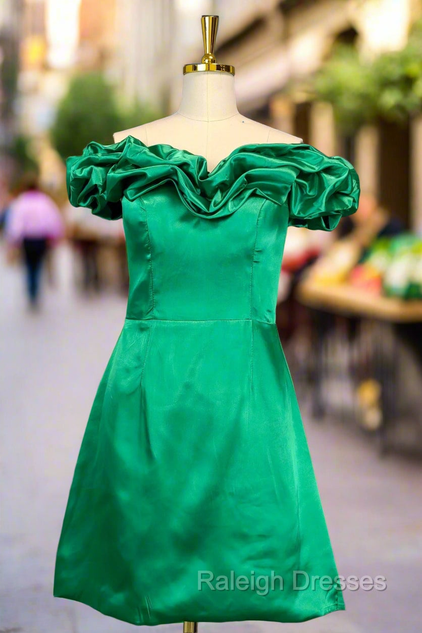Emerald Green Sheath/Column Off-the-Shoulder Sleeveless Satin Short/Mini Homecoming Dress With Ruffles Main image