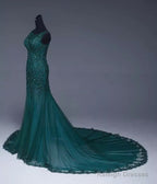 Emerald Green Tulle Mermaid Prom Dress Lace Appliques Prom Dresses