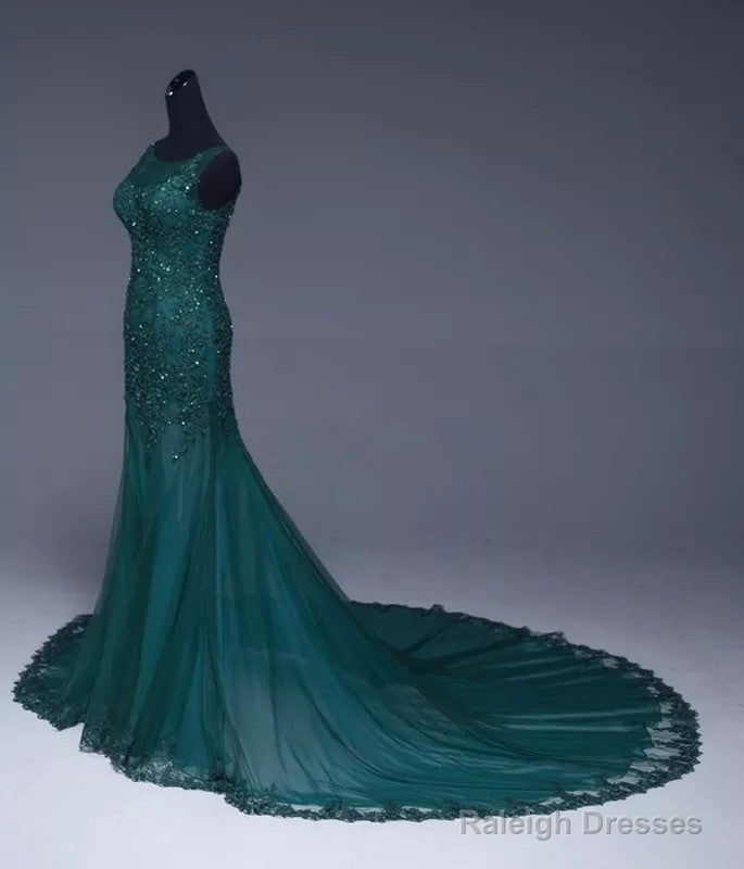 Emerald Green Tulle Mermaid Prom Dress Lace Appliques Prom Dresses