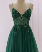 Emerald Green Beautiful V Neck Exquisite Beading Spaghetti Straps Long Tulle Handmade Custom Ball Gown Evening Dress Party Dress
