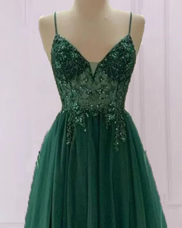Emerald Green Beautiful V Neck Exquisite Beading Spaghetti Straps Long Tulle Handmade Custom Ball Gown Evening Dress Party Dress