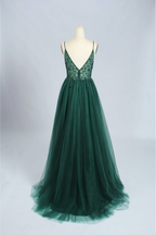 Emerald Green Beautiful V Neck Exquisite Beading Spaghetti Straps Long Tulle Handmade Custom Ball Gown Evening Dress Party Dress