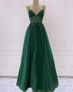 Emerald Green Beautiful V Neck Exquisite Beading Spaghetti Straps Long Tulle Handmade Custom Ball Gown Evening Dress Party Dress