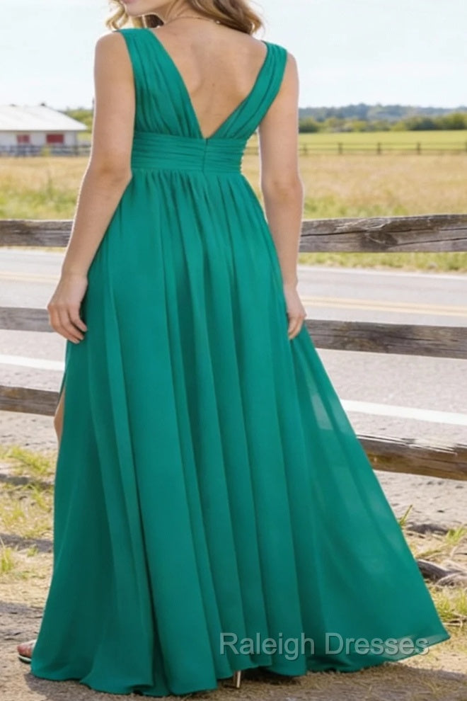 Emerald Green V Neck Chiffon Floor Length Bridesmaid Dress Long Bridesmaid Dresses With Pleated Split