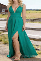 Emerald Green V Neck Chiffon Floor Length Bridesmaid Dress Long Bridesmaid Dresses With Pleated Split
