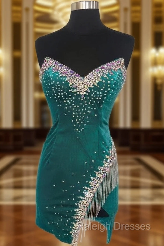 Emerald Green Velvet Strapless Beaded Short Cocktail Dress with Tassels