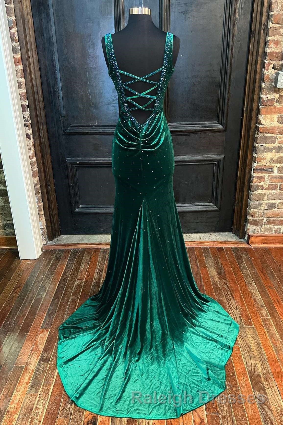Emerald Velvet V Neck Cutout Back Mermaid Long Prom Dresses Secondary image