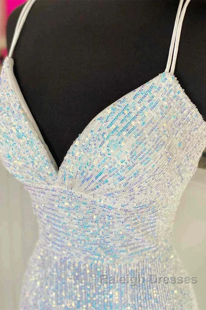 Empire Mermaid White Sequin V-Neck Prom Dresses Secondary image