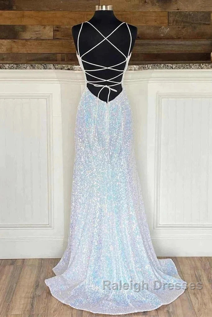 Empire Mermaid White Sequin V-Neck Prom Dresses