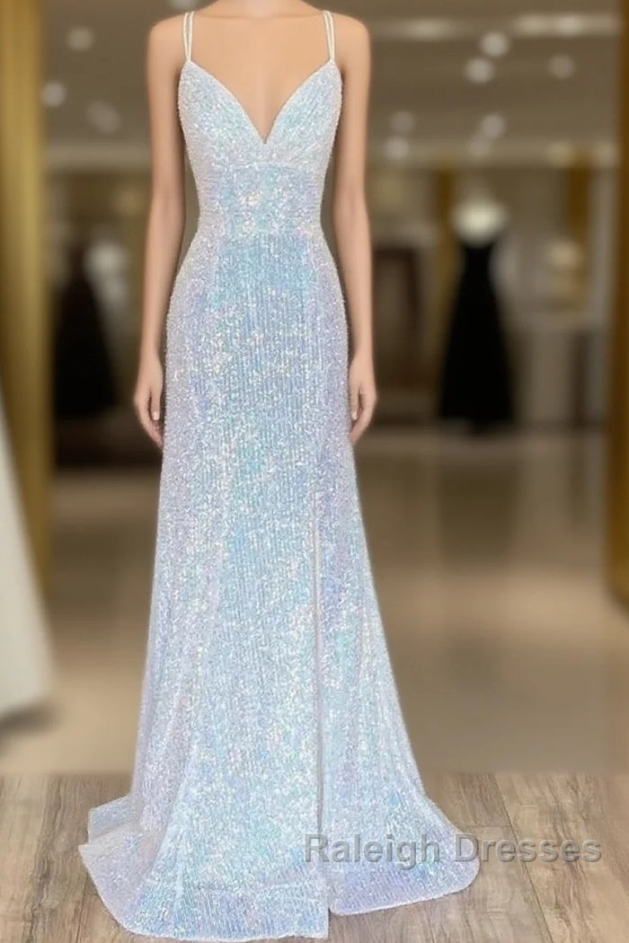 Empire Mermaid White Sequin V-Neck Prom Dresses Main image
