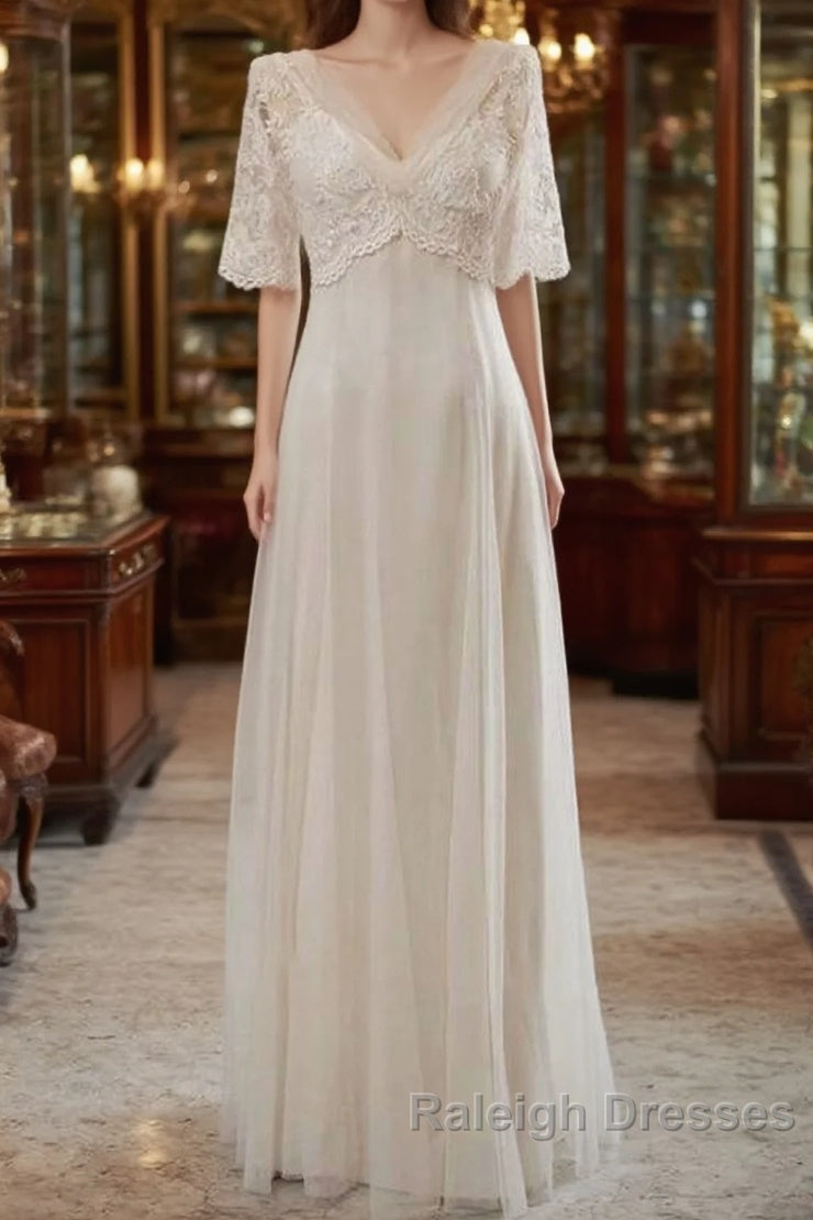 Empire Waist V Neck Tulle A Line Wedding Dresses Main image