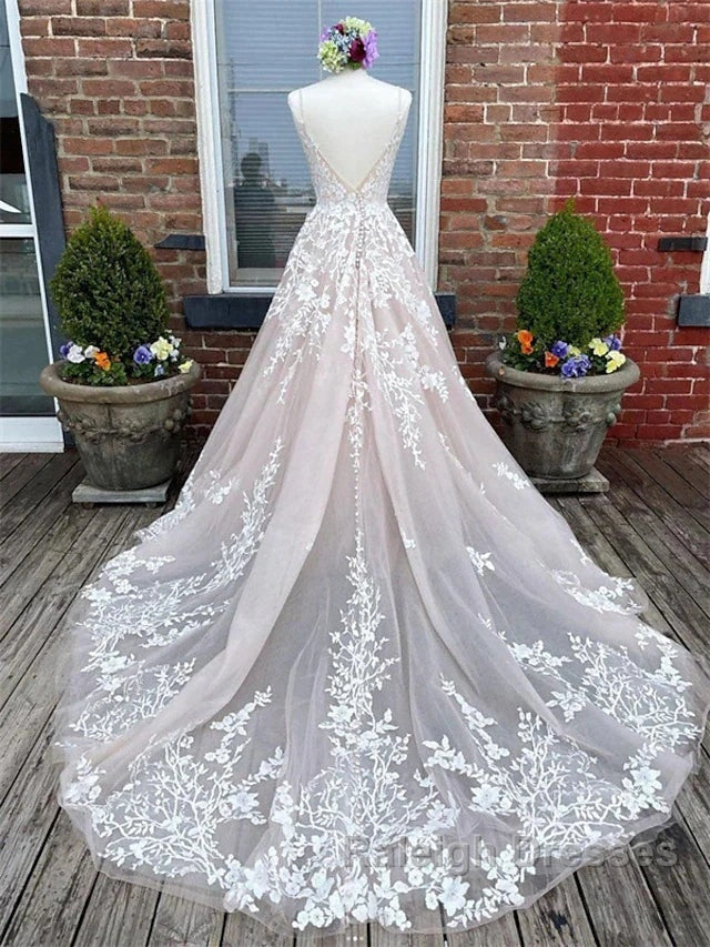 Engagement Wedding Dresses In Color Formal Wedding Dresses Court Train A-Line Spaghetti Strap Sweetheart Lace With Buttons Appliques Secondary image