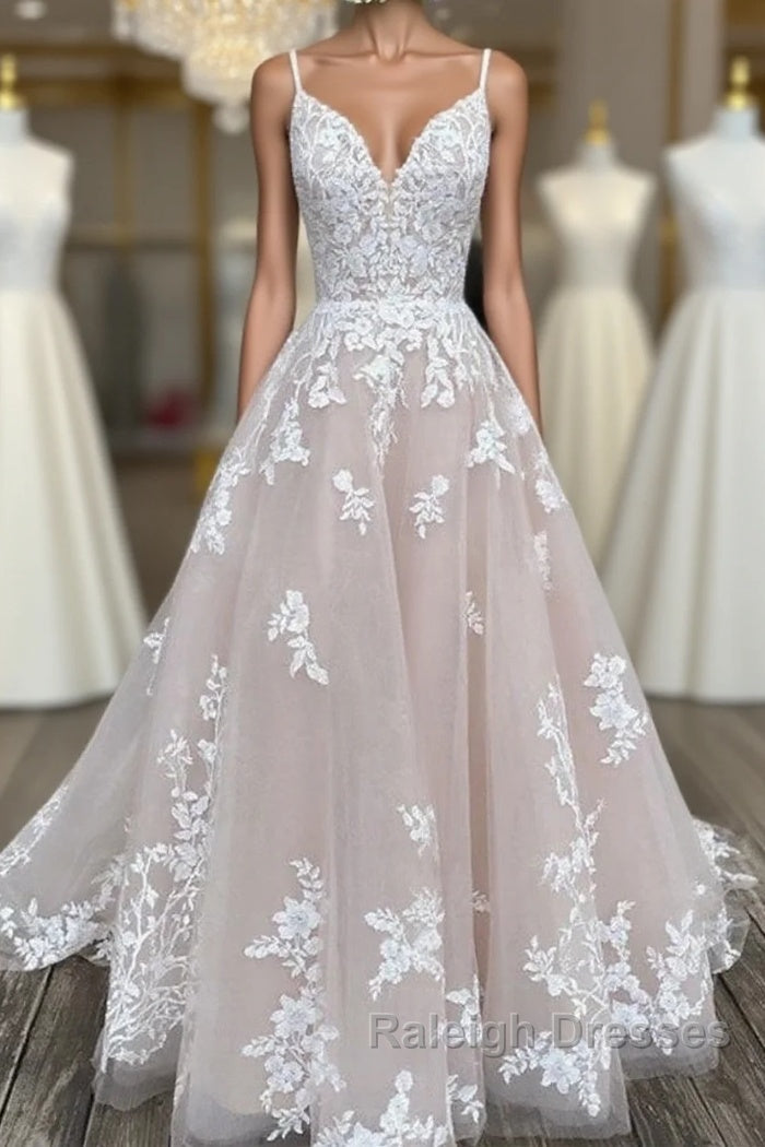 Engagement Wedding Dress In Color Prom Wedding Dress Court Train A-Line Spaghetti Strap Sweetheart Lace With Buttons Appliques