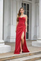 Engerla Sexy High Slit Evening Dresses Spaghetti Satin Ruched Shower Party Dress Pageant Celebrity Gown