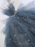 Gorgeous Blue Sparkly Tulle Beaded Prom Dress, Tiered Formal Gowns with Rhinestone