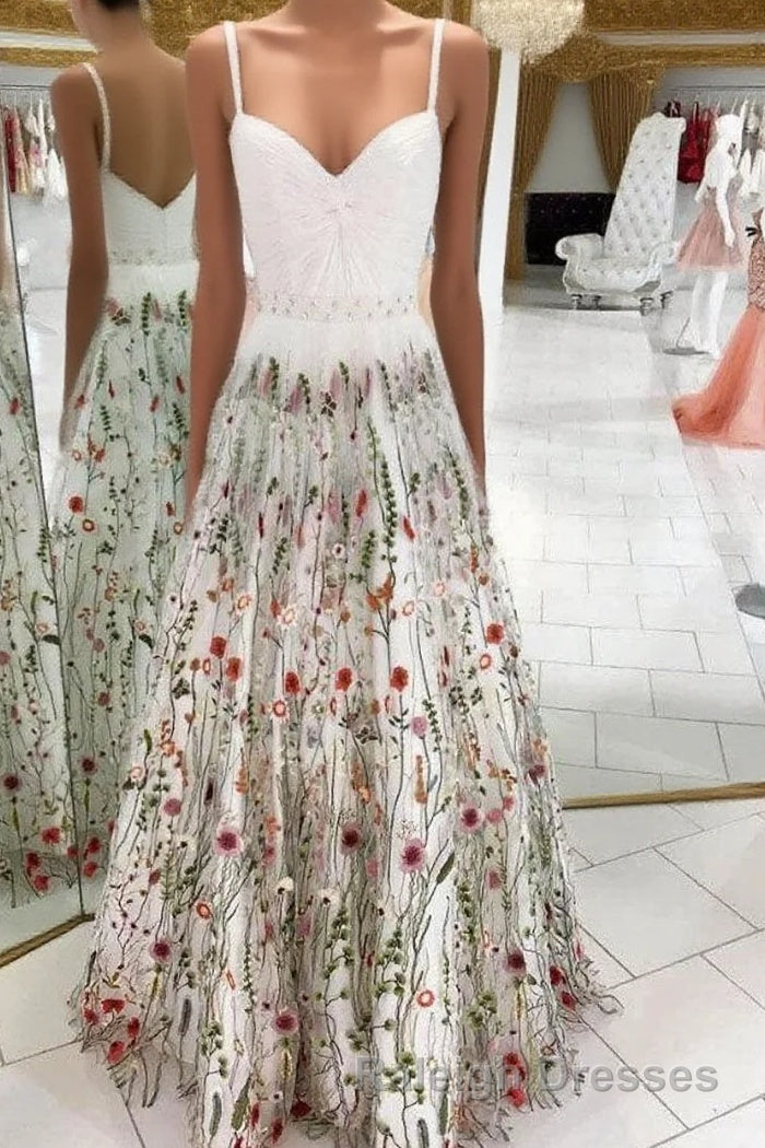 White Straps Floor Length Long Prom Dress with Lace Flowers Formal Dress Main image