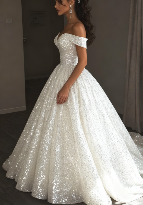 Ethereal Wedding Dresses Ball Gowns Off The Shoulder Sequin White Wedding Dress Bridal Gown