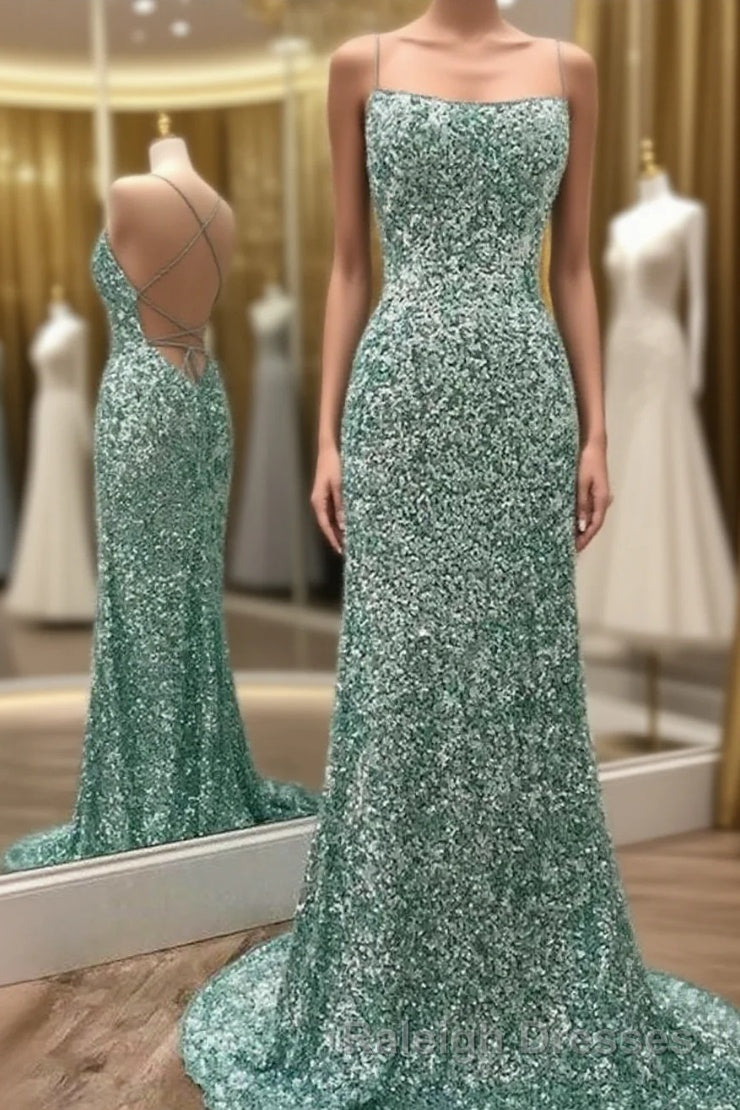 Sparkly Mint Sequin Mermaid Long Prom Dresses for Women Shiny Prom Dresses