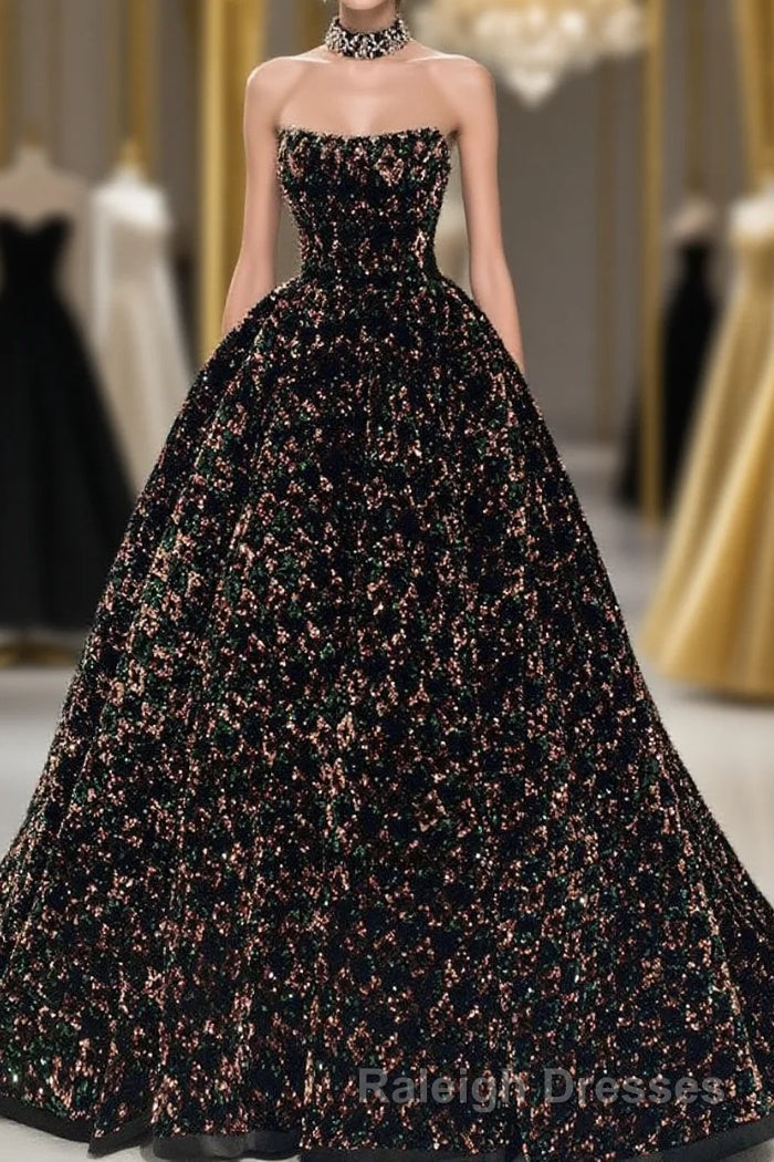 A Line Sparkly Sequin Long Prom Dress, Gorgeous Strapless Long Evening Dress Main image