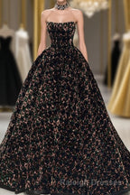 A Line Sparkly Sequin Long Prom Dress, Gorgeous Strapless Long Evening Dress