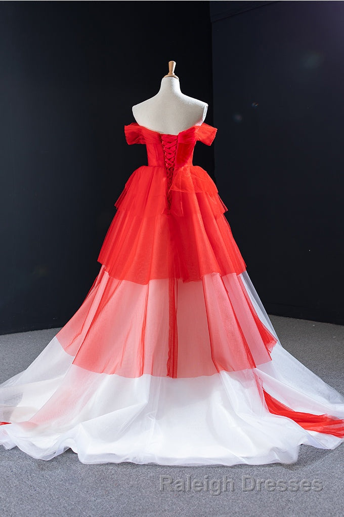 Red and White off the Shoulder Tired Prom Dress, Puffy Formal Party Dresses Secondary image