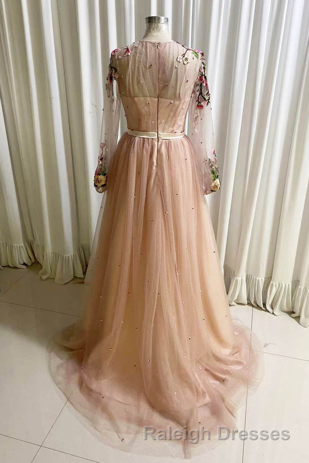 A Line Tulle Long Prom Dress with Flowers, Pink Long Sleeves Party Dress with Beading