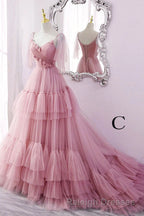 A Line V Neck New Style Tiered Long Tulle Prom Dresses Prom Gown with Flower