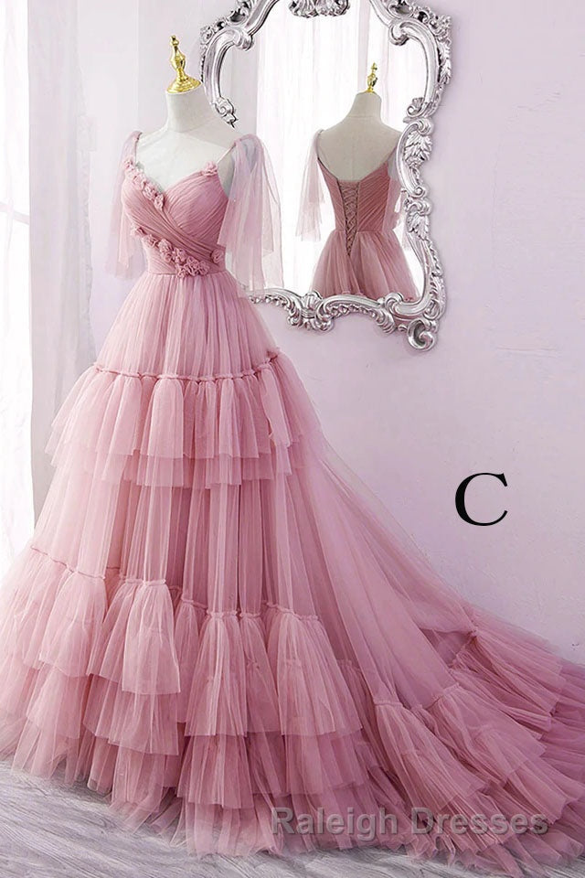 A Line V Neck New Style Tiered Long Tulle Prom Dresses Prom Gown with Flower