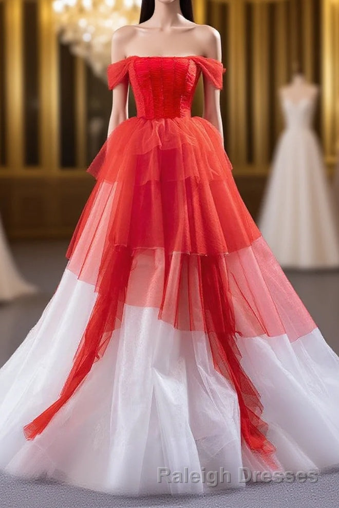 Red and White off the Shoulder Tired Prom Dresses Puffy Prom Dress Main image