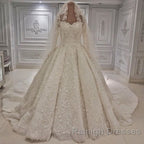 Expensive Lace Appliques Long Sleevess Ball Gown Wedding Dresses
