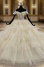 Exquisite Champagne Ball Gown Tulle Sequins Off the Shoulder Appliques Wedding Dress
